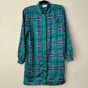 Don Elliot Vintage Size 8 Teal Plaid Long Sleeve Button Up Sport Dress 1980s